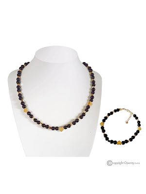 AMORE- Collana e bracciale, onice nera, ematite cuori in acciaio d'orati, fatto a mano.