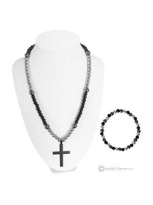 EMOTION – Set collana con croce e bracciale in onice ed ematite, vero artigianato italiano.