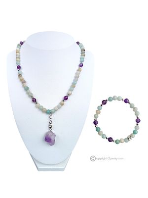 FLOWER - Collana con bracciale, amazzonite, ametista ed ematite sfaccettata argento, fatto a mano.