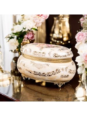 Scatola, elegante cofanetto portagioie in ceramica lussuosa, con raffinati dettagli in oro.