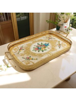 VASSOIO GALLERIA Fondo Legno Bordo Metallo Decorazioni Fiori Oro Dipinto Lavorato Mano Made in Italy