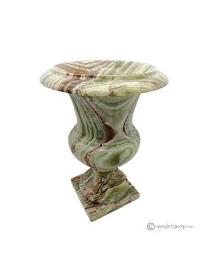 VASO mediceo in marmo onice verde, pietra naturale, realizzato artigianalmente, design elegante.