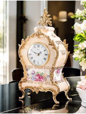 Orologio da tavolo in ceramica di alta qualità, arricchito da eleganti dettagli dorati, realizzato artigianalmente.