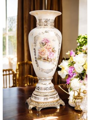 Vaso in ceramica di alta qualità, decorato con fiori e dettagli dorati, fatto a mano.