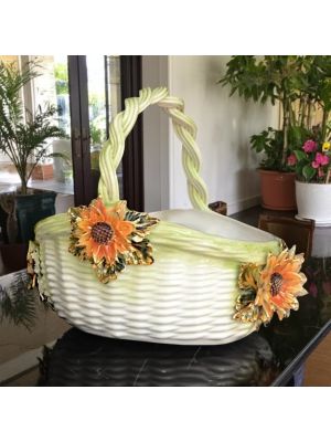 Centrotavola, cesto in ceramica decorato con fiori e pregiati dettagli dorati, realizzato a mano.