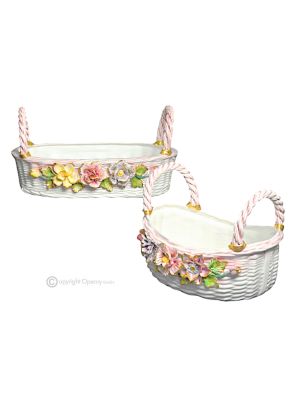 Centrotavola, set 2 cesti in ceramica artistica con decoro floreale ed oro, realizzati a mano.