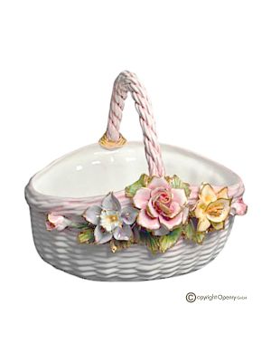 Centrotavola, cesto in ceramica pregiata, decorato con fiori e dettagli in oro, realizzato a mano.
