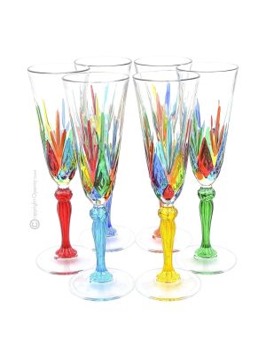 MELODIA, set 6 bicchieri calice flute, dipinti a mano autentici in vetro di qualità superiore.