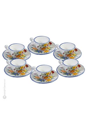 TAZZINE FIORACCIO POLICROMO set 6 Tazzine  da caffè espresso con piattini ceramica di Castelli fatta a mano autentica Abruzzo Made in Italy