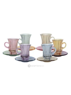 Set 6 tazze tè con piattino dipinte a mano autentiche moderne in vetro di qualità superiore.