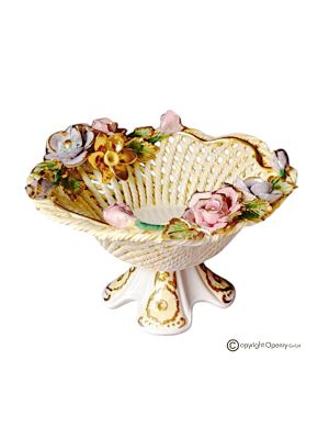 Alzata da tavola in ceramica in stile barocco, adornata con fiori e rifiniture dorate, fatta a mano.