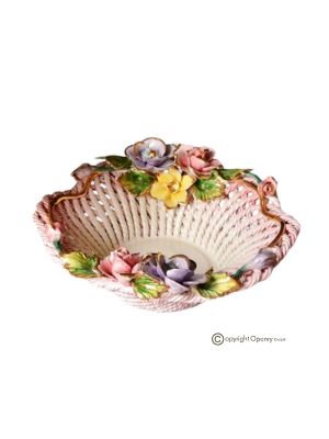 Cesto in ceramica artistica in stile barocco, con margherite e dettagli in oro, fatto a mano