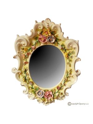 Specchiera in ceramica pregiata, stile barocco, decorato con fiori e dettagli in oro, realizzato a mano
