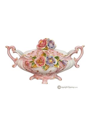 Zuppiera in ceramica artistica stile barocco, decorata con motivi floreali ed oro, realizzata a mano.