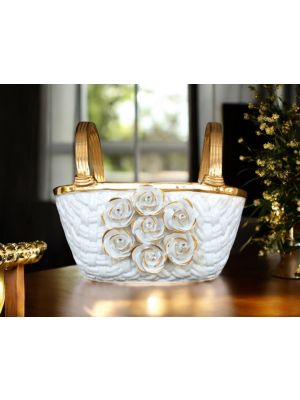 CESTO Decorazione da tavolo centrotavola ceramica artistica stile Barocco dettaglio oro 24k Made in Italy