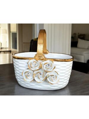 CESTO Decorazione da tavolo centrotavola ceramica artistica stile Barocco dettaglio oro 24k Made in Italy