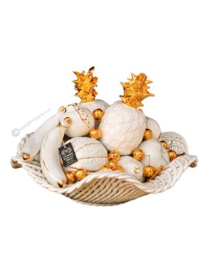 CESTO CON FRUTTA Decorazione da tavolo centrotavola ceramica artistica stile Barocco colore oro 24k cristalli swarovski 