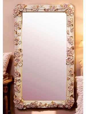Specchiera in ceramica, decorata con rose, cristalli Swarovski e dettagli dorati, fatta a mano.