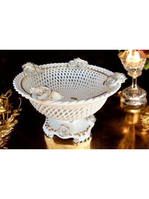 Alzata, centrotavola in ceramica superiore, con rose, cristalli e dettagli oro, realizzata a mano.