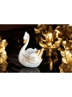 Cigno in ceramica stile barocco, decorazione da tavolo impreziosita da rose, cristalli e dettagli dorati.