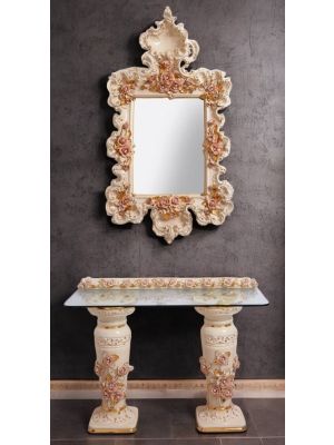Specchiera con tavolino in ceramica, con rose, cristalli Swarovski e dettagli dorati.