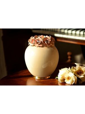 Vaso in ceramica decorativo, con rose, cristalli Swarovski e dettagli oro, fatto a mano.