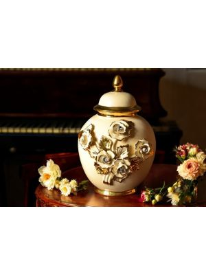 Vaso in ceramica artistico, con rose, cristalli Swarovski e dettagli oro, fatto a mano.