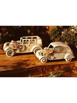Ford e Cytroen, auto in ceramica, con rose, cristalli e particolari dorati, realizzate a mano.