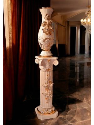 Vaso con colonna in ceramica, decorato con rose, cristalli Swarovski e particolari dorati.
