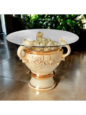 Tavolo in ceramica di prestigio, con rose, cristalli e particolari dorati, realizzato a mano.