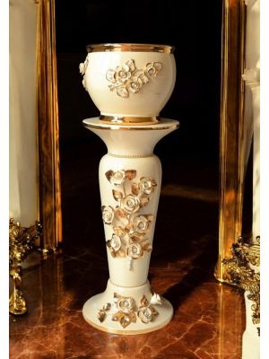 Portavaso con colonna in ceramica, decorato con rose, cristalli Swarovski e particolari dorati.