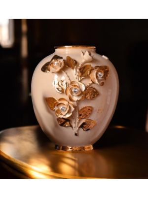Vaso in ceramica elegante, arricchito da rose, cristalli Swarovski e dettagli dorati.