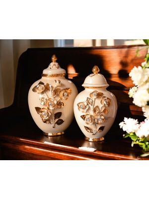 Set 2 Vasi in ceramica pregiata, con rose oro e cristalli Swarovski fatti a mano.