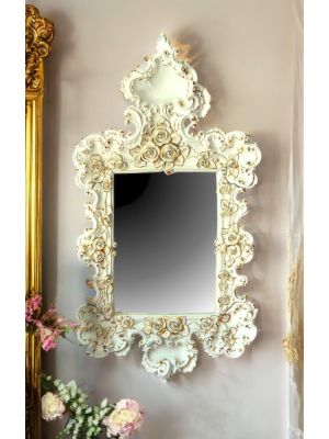 Specchiera in ceramica, decorata con rose, cristalli Swarovski e dettagli dorati, fatta a mano.