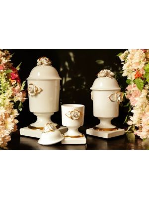Set 3 barattoli in ceramica artistica, con rose, cristalli e dettagli in oro, fatti a mano.